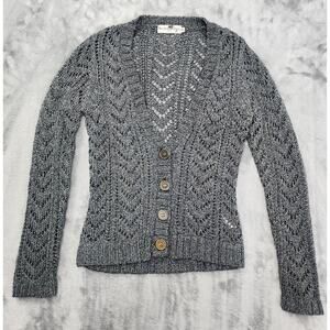 Vintage VIP Open Knit V-Neck Cardigan Sweater Size S Metallic Gray Silver Y2K